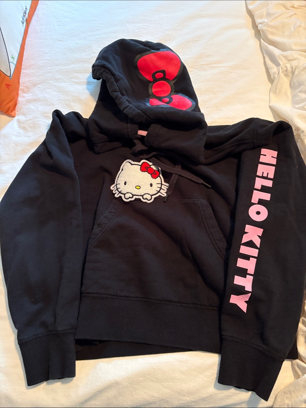 Converse Hello Kitty Black Hoodie with Pink Sleeve Logo and Red Bow